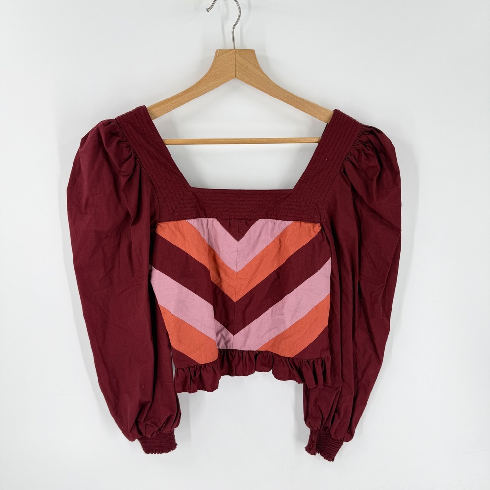 Love The Label Puff Sleeve Crop Top Burgundy XS Chevron Ruffle Smocked Cotton